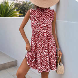 亚马逊跨境海边度假短裙2025夏季欧美新款花边领印花无袖连衣裙