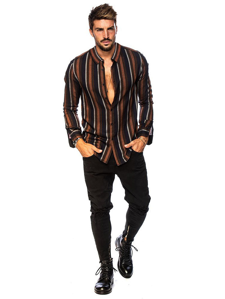 2023 Camicie primaverili Camicie a righe verticali da uomo Camicia slim da uomo con risvolto Camicia casual a maniche lunghe Camicia da smoking maschile Chemise Homme_voghion.com