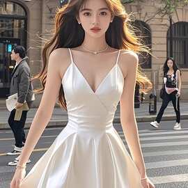 白色V领吊带缎面连衣裙女夏季收腰千金名媛时尚高级感精致短裙子