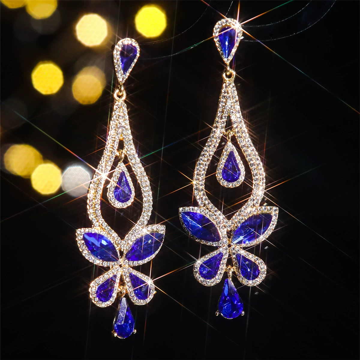 European and American cross -border luxury temperament glass rhinestone ears women with exaggerated water drop earrings earrings earrings