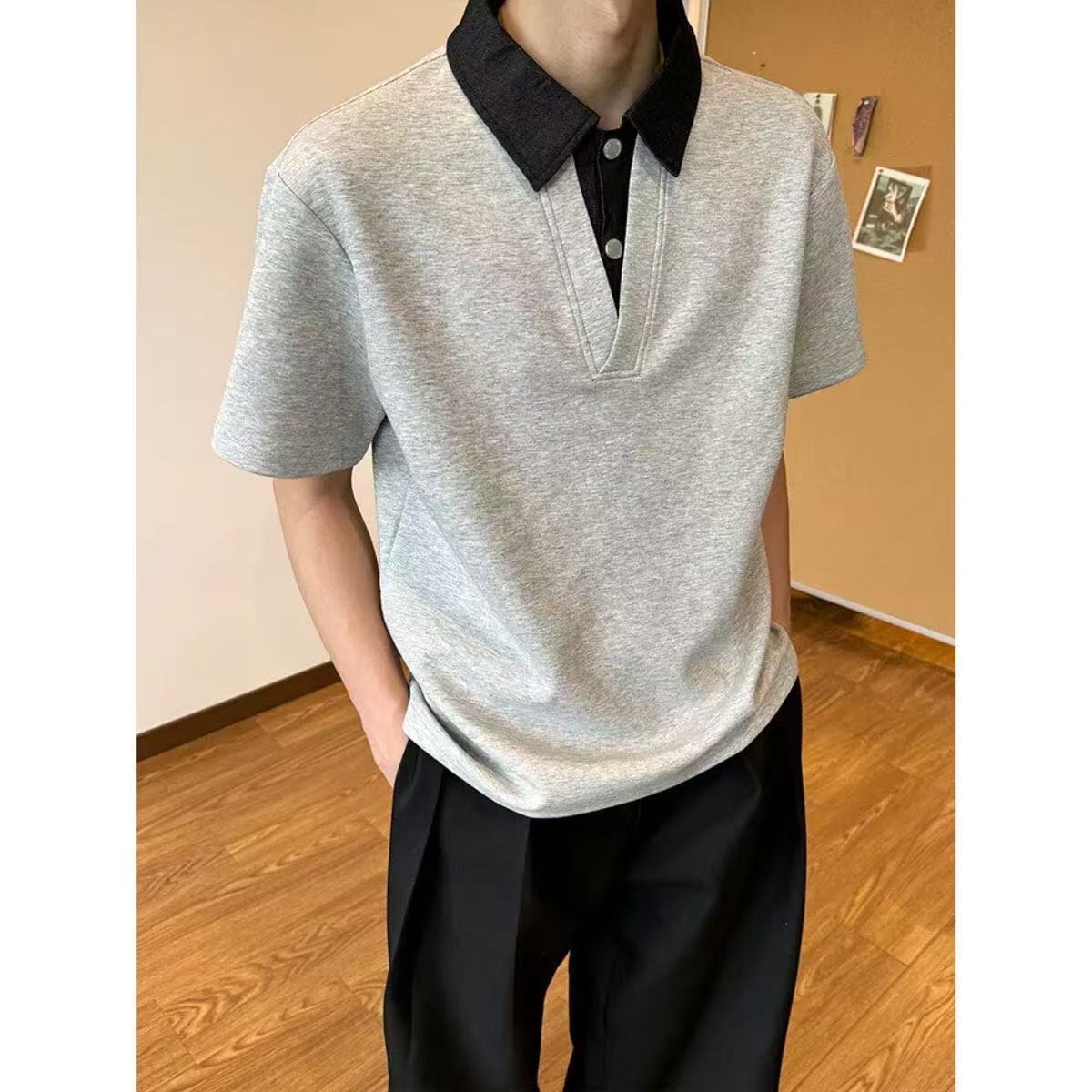 Fake Two-Piece Polo Collar Short-Sleeved Men's High-End Handsome Lapel Shirt T-Shirt Summer Cleanfit Right Shoulder Half-Sleeve