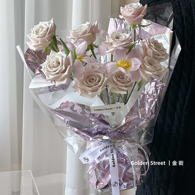 Huaxi flor revestido papel de estaño en forma de papel de estaño buquete de papel de embalaje plegado color plateado material al por mayor de alto nivel