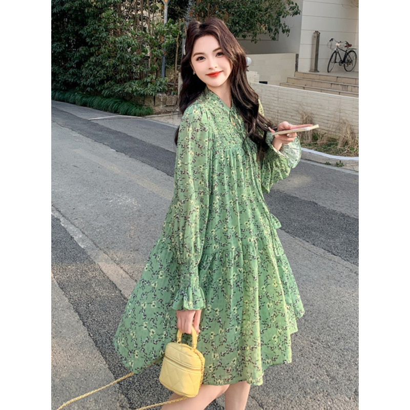 Green Floral dress Women's Spring and Autumn 2024 New Style Flesh-Covering Slimming Mori Style Fresh Style Skirt