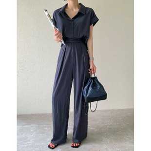 Summer short sleeve lapel top high waist slender wide leg long fashion ladies suit