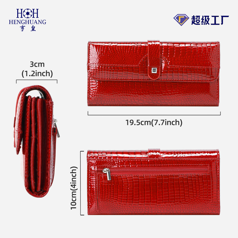 Luxury Women's Genuine Leather Tri-Fold Wallet Crocodile Embossed Patent Leather Large Capacity Top Grain Cowhide Long Purse Wholesale - Thumbnail 2