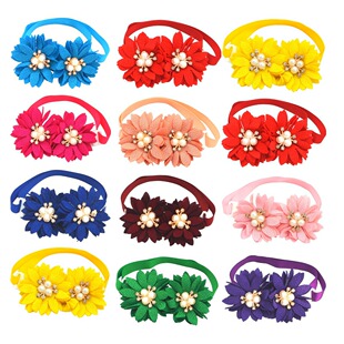 New Pet Handmade Head Flower Bow Tie Bow Two Flowers Plus Pearl and Diamond Cat Dog Accessories Adjustable