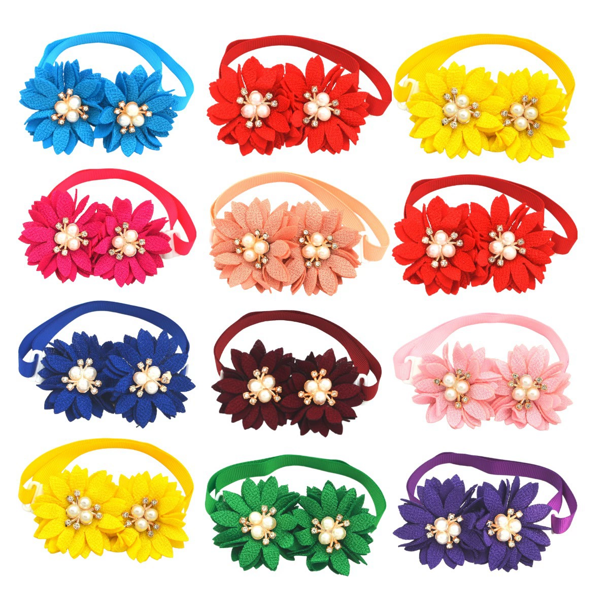 Новая повязка на голову ручной работы для домашних животных, галстук-бабочка, два цветка, жемчуг и бриллианты, регулируемые аксессуары для кошек и собак.