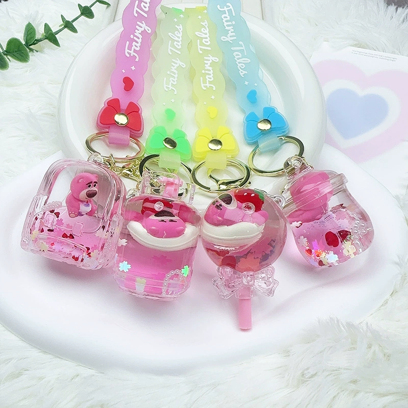 Подвеска-шарм "Клубничный медведь" из акрила с эффектом "жидкого песка", мини-шарм для школьного рюкзака, милый кулон для ключей с блестками