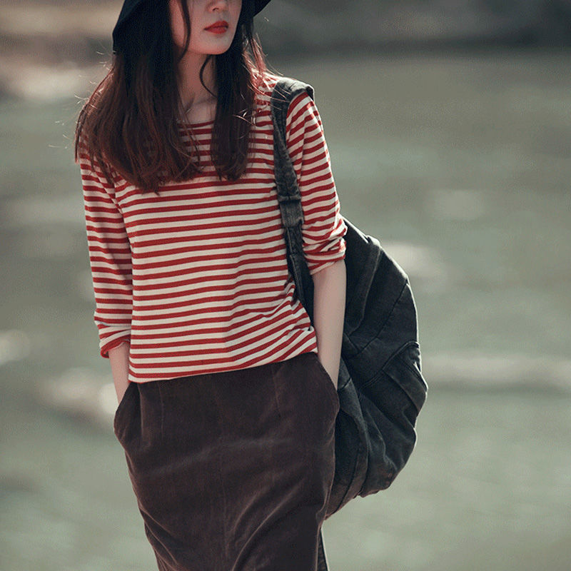 Striped Long-sleeved T-shirt Women's 2024 New Cotton Artistic Retro Versatile Top Stretch Thin Base Shirt