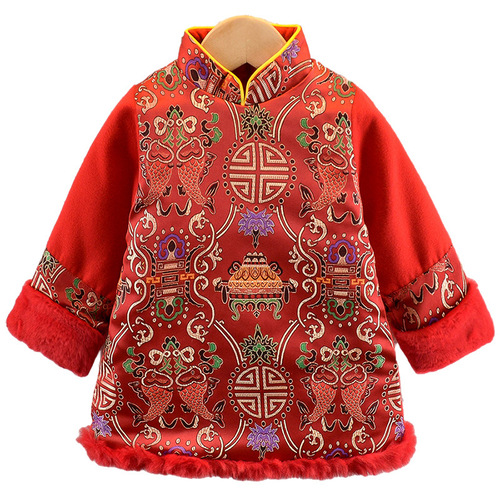 New winter baby New Year's greetings clothes for boys and girls Chinese style plus velvet and thickened Tang suit two-piece children's one-year-old dress