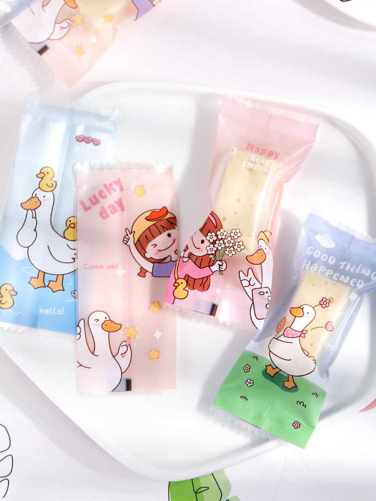 Bolsa de embalaje de nougat, embalaje de toffee, papel de azúcar, bolsas de pastel de leche de mango, sello de máquina transparente, bolsas pequeñas letras esmerizadas