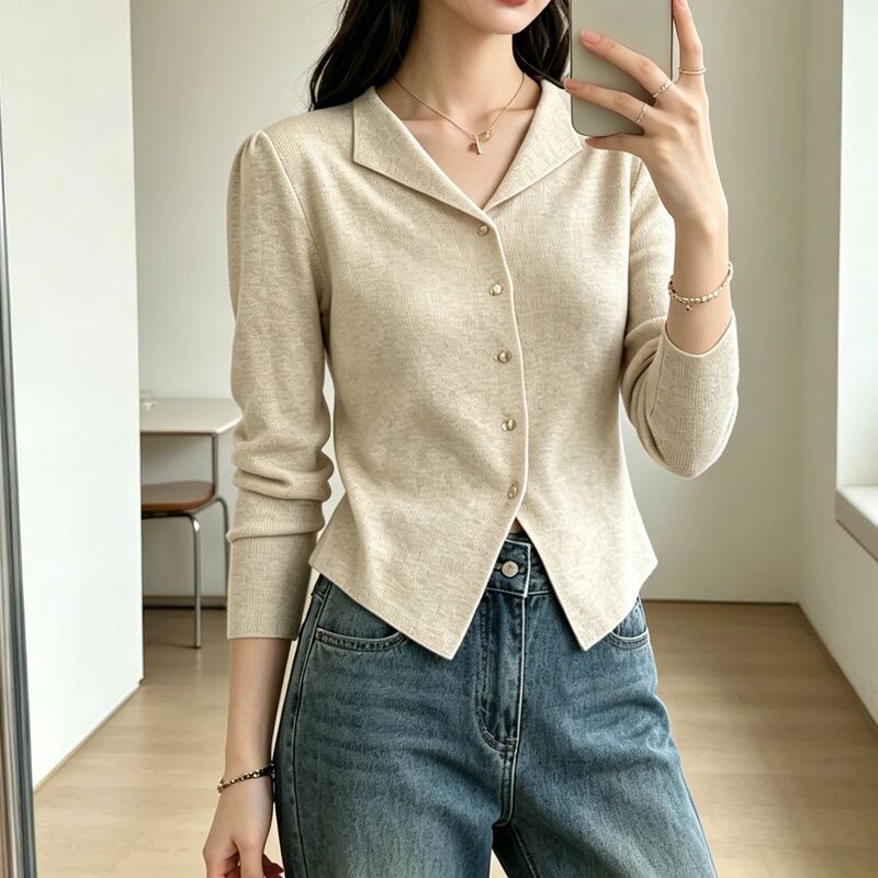 French-Style Suit Lapel Knitted Cardigan for Women, Early Autumn Core-Spun Yarn, Waist-Cinching, Irregular Slim-Fit Short Long-Sleeve Sweater