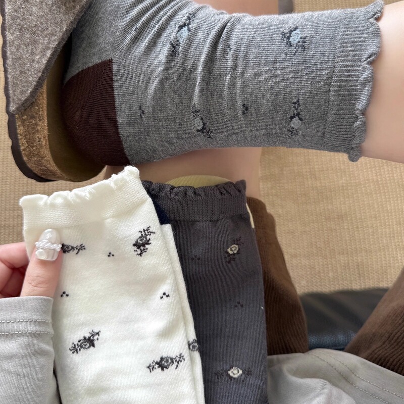 早秋日系小碎花nanye复古中筒袜子女撞色舒适ins风纯棉无骨堆堆袜|undefined