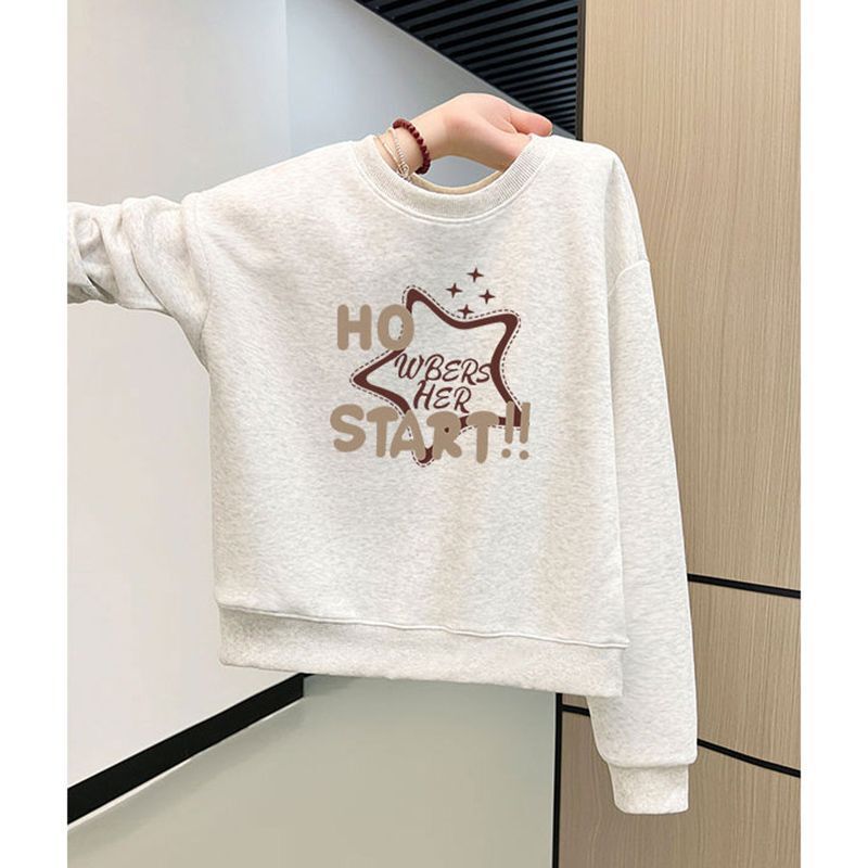2026 Autumn/Winter White Floral Gray Crew Neck Pullover Short Sweatshirt for Women, Fleece-Lined, Loose Fit, High-Waisted, Petite Top 2026 Autumn/Winter White Floral Gray Crew Neck Pullover Short Sweatshirt for Women, Fleece-Lined, Loose Fit, High-Waisted, Petite Top