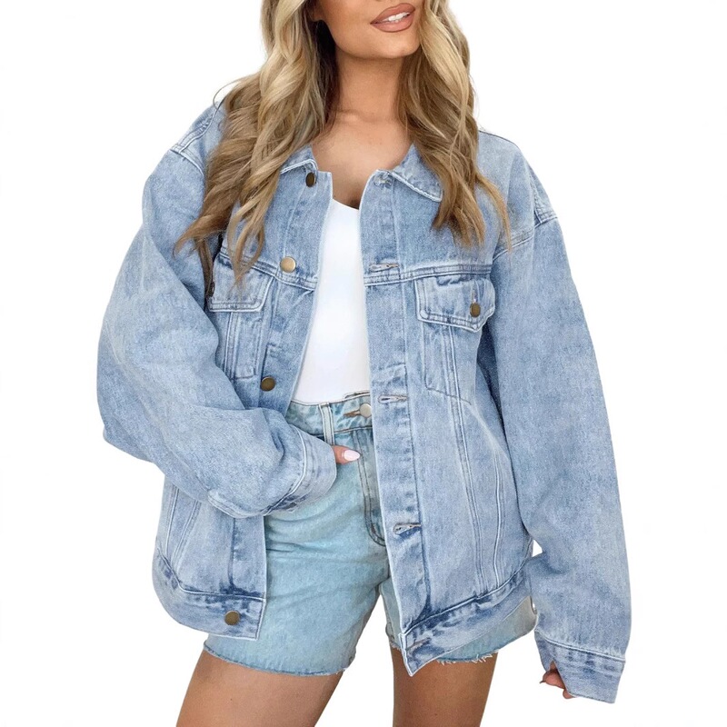Amazon Cross-Border Temu Women's Denim Jacket with Long Sleeves and Oversized Buttons, Fashionable Outerwear for Spring