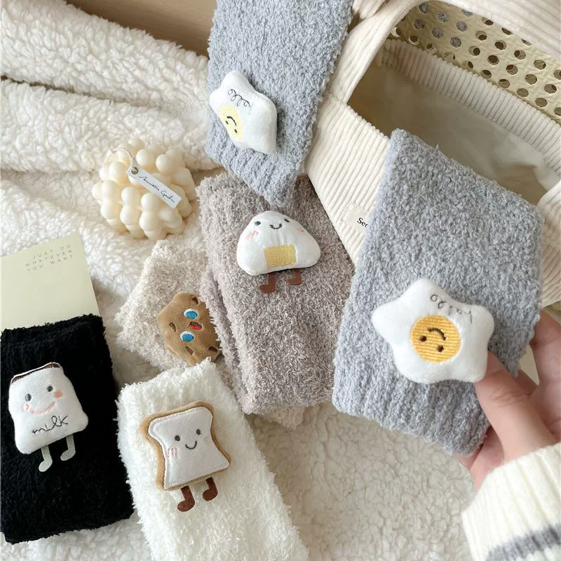 Мультяшные милые демисезонные тёплые коралловые велюровые кукла, носки по колено, середина длины