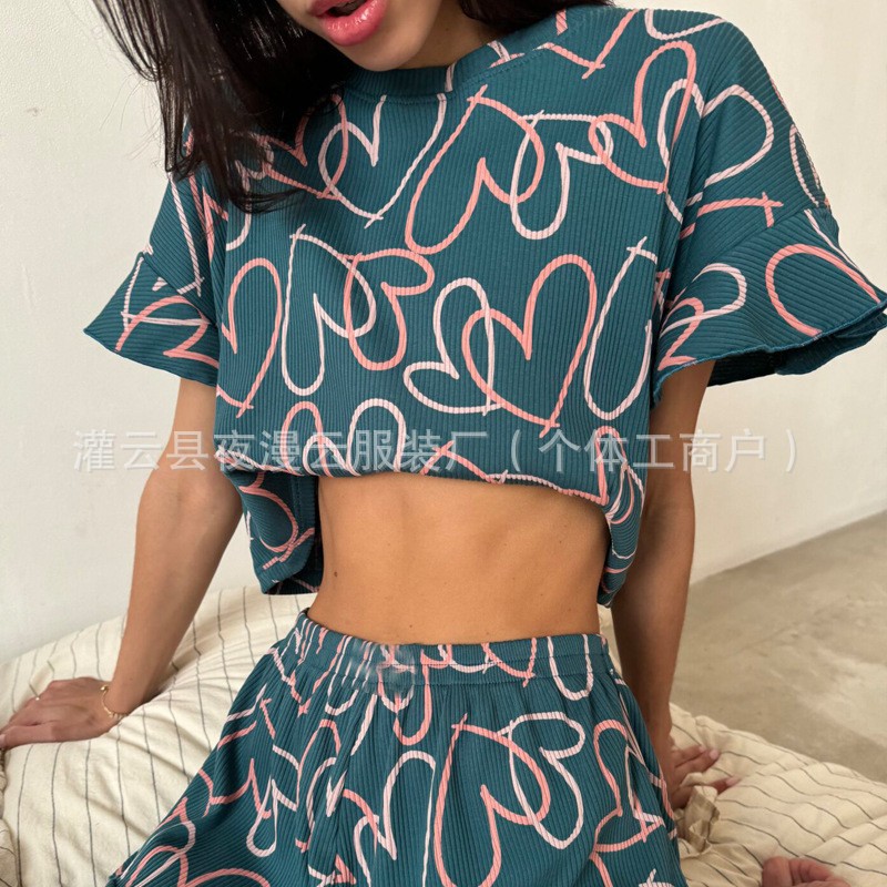 Cross-Border 2024 Summer European and American Women's Casual Printed Suit Lotus Leaf Short-Sleeved Round Neck Shorts Pajamas Two-Piece Set