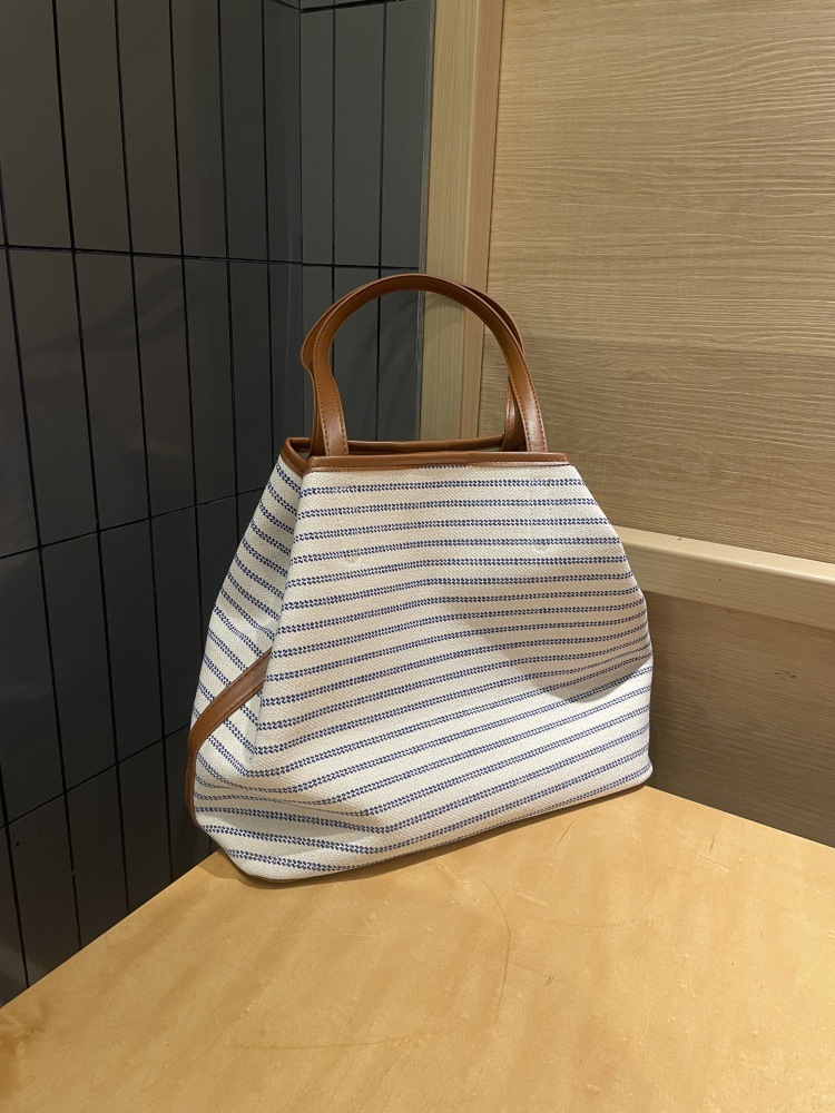 Korean Striped Canvas Tote Bag Large Capacity Shoulder Handbag_voghion.com
