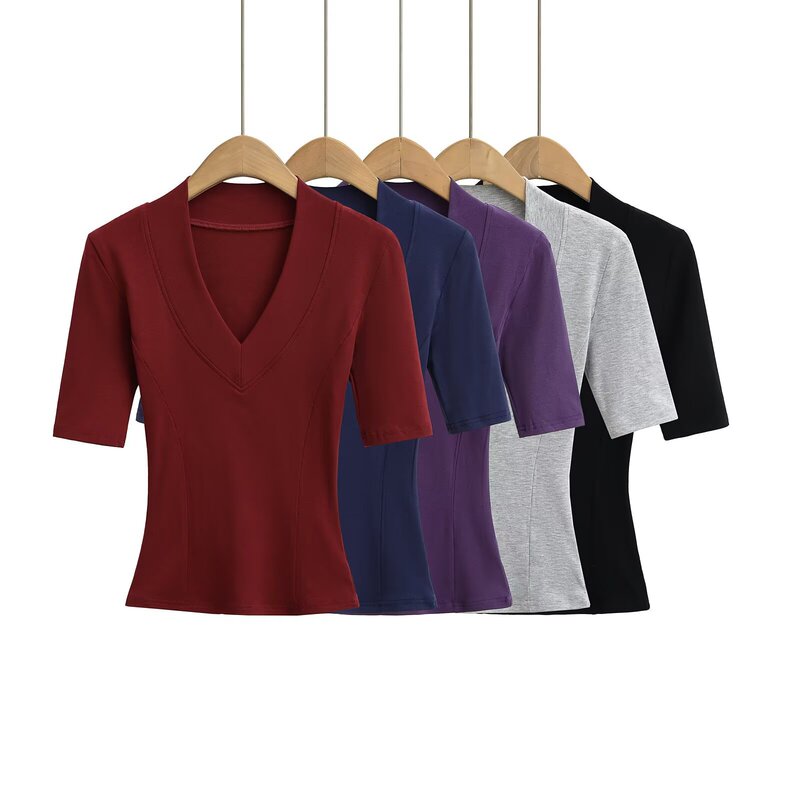 Deep V-neck Slim-fit Half-sleeve T-shirt Women's 2025 Spring New Waist Slim-fit Tight Top Deep V-neck Slim-fit Half-sleeve T-shirt Women's 2025 Spring New Waist Slim-fit Tight Top