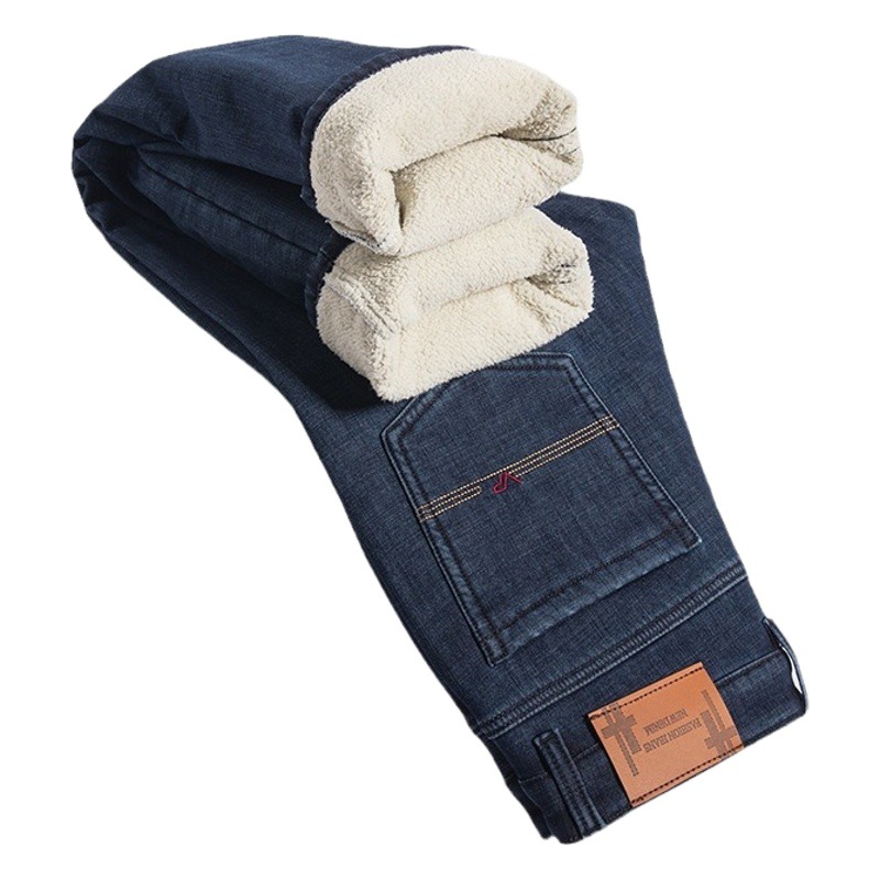 Winter warm fleece-lined pants lambswool straight jeans men's loose plus size thick casual pants wear-resistant cold-resistant
