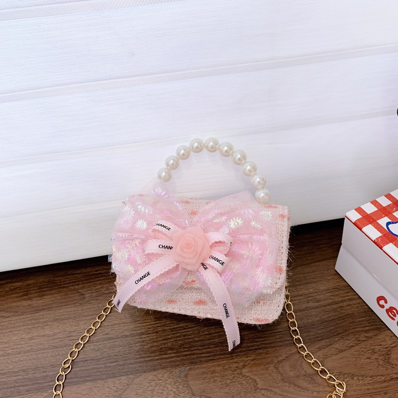 Bolso de lazo para niños Bolso de mensajero de flor de rosa de verano Bolso de princesa portátil de perlas para niñas Monedero de fragancia pequeña