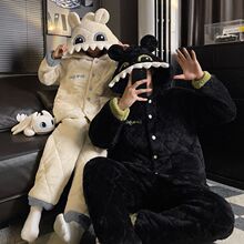 无牙仔三层夹棉睡衣女冬季加厚加绒珊瑚绒情侣装可外穿家居服套装