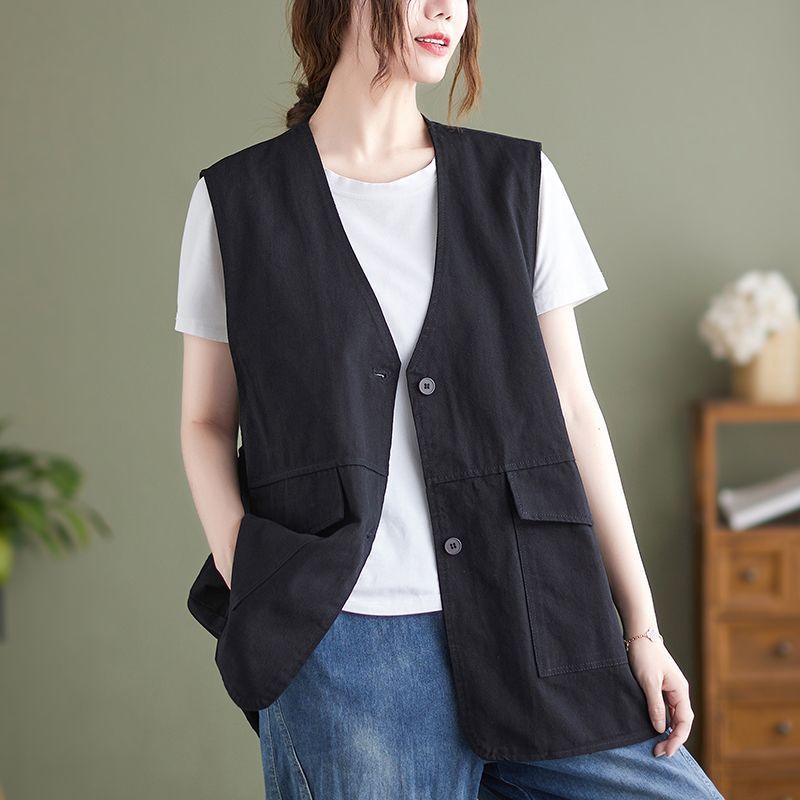 Ropa de primavera nueva literatura y arte universal relajado comercio exterior retro sin mangas cuello en V medio largo chaleco clip chaqueta mujer image 1