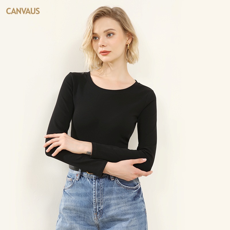 Ropa de Otoño e Invierno para mujer nueva camisa de fondo estilo coreano Cuello redondo para mujer Slim fit adelgazamiento color sólido Algodón elástico desgaste exterior interior superior