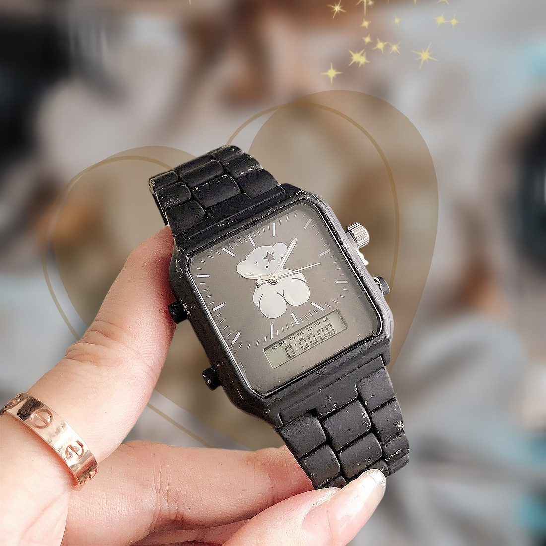 欧美ins手表stainless steel广州批发市场双机芯方块小熊装饰表