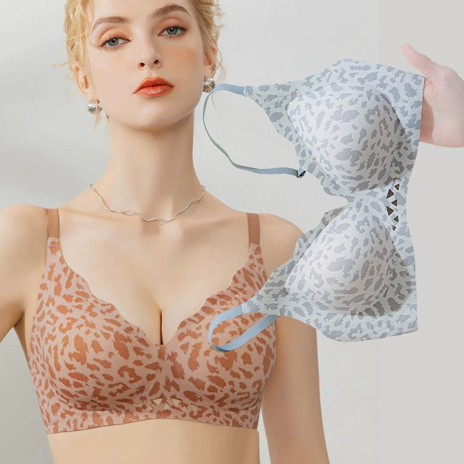 Сексуальный леопардовый принт без следов дышащее нижнее белье для женщин, чтобы собрать фиксированную чашку без стального кольца