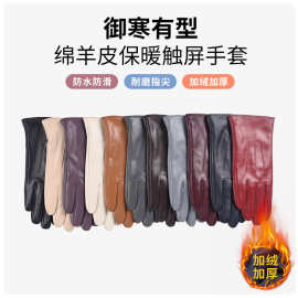跨境欧美俄罗斯女士彩色触屏绵羊皮真皮手套冬季保暖加绒手套现货