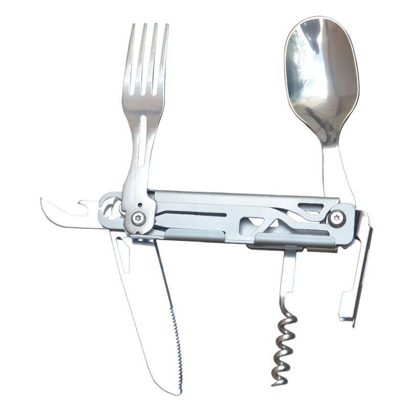 Nuevo multi-función cuchillo acampar al aire libre vajilla viaje portátil plegable cuchillo, tenedor y cuchara combinación comedor cuchillo botella de vino abridor