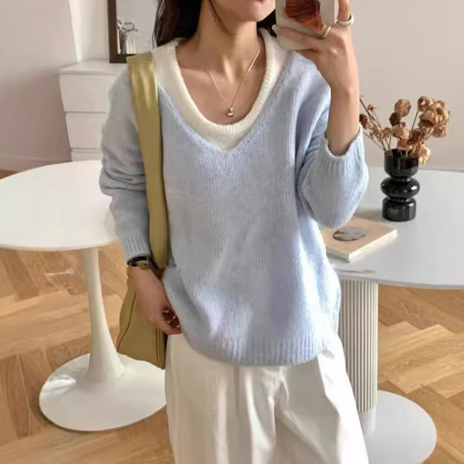 Sweet Style V Neck Pullover Knitwear Vest Two-Piece Set for Women 25 Years Autumn and Winter Korean Layered Knitwear Suit Top