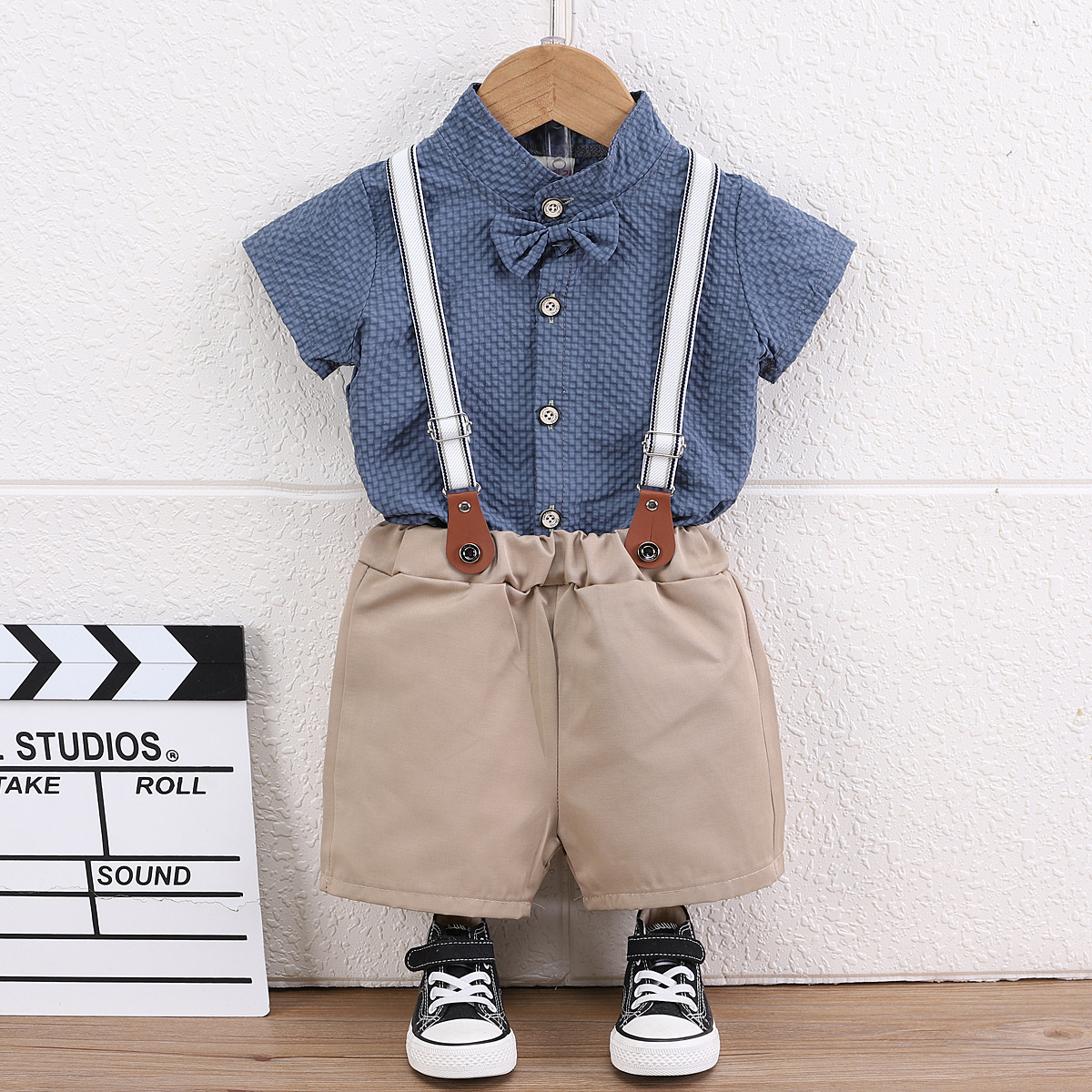 Cross-border for boys summer suit stand collar bubble cotton short sleeve shirt suspenders two-piece foreign trade children's clothing