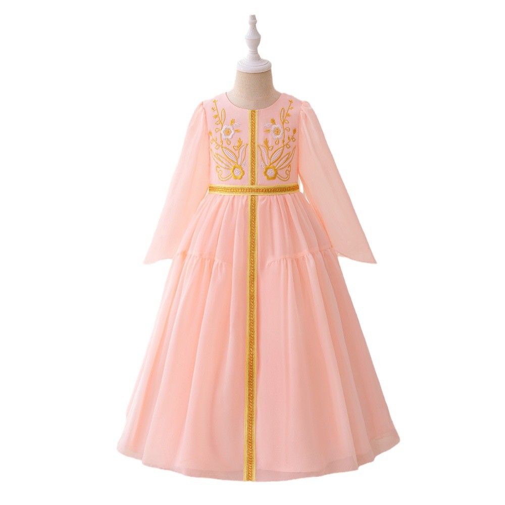 Nuevo vestido de niñas de mangas largas de cuello redondo bordado vestido de satén vestido de niñas falda de malla