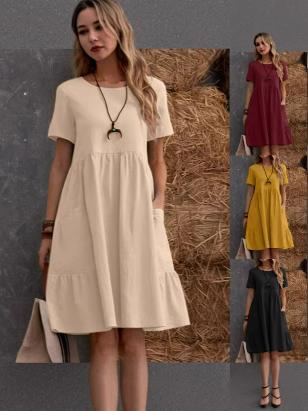 summer retro solid color dress with a round collar