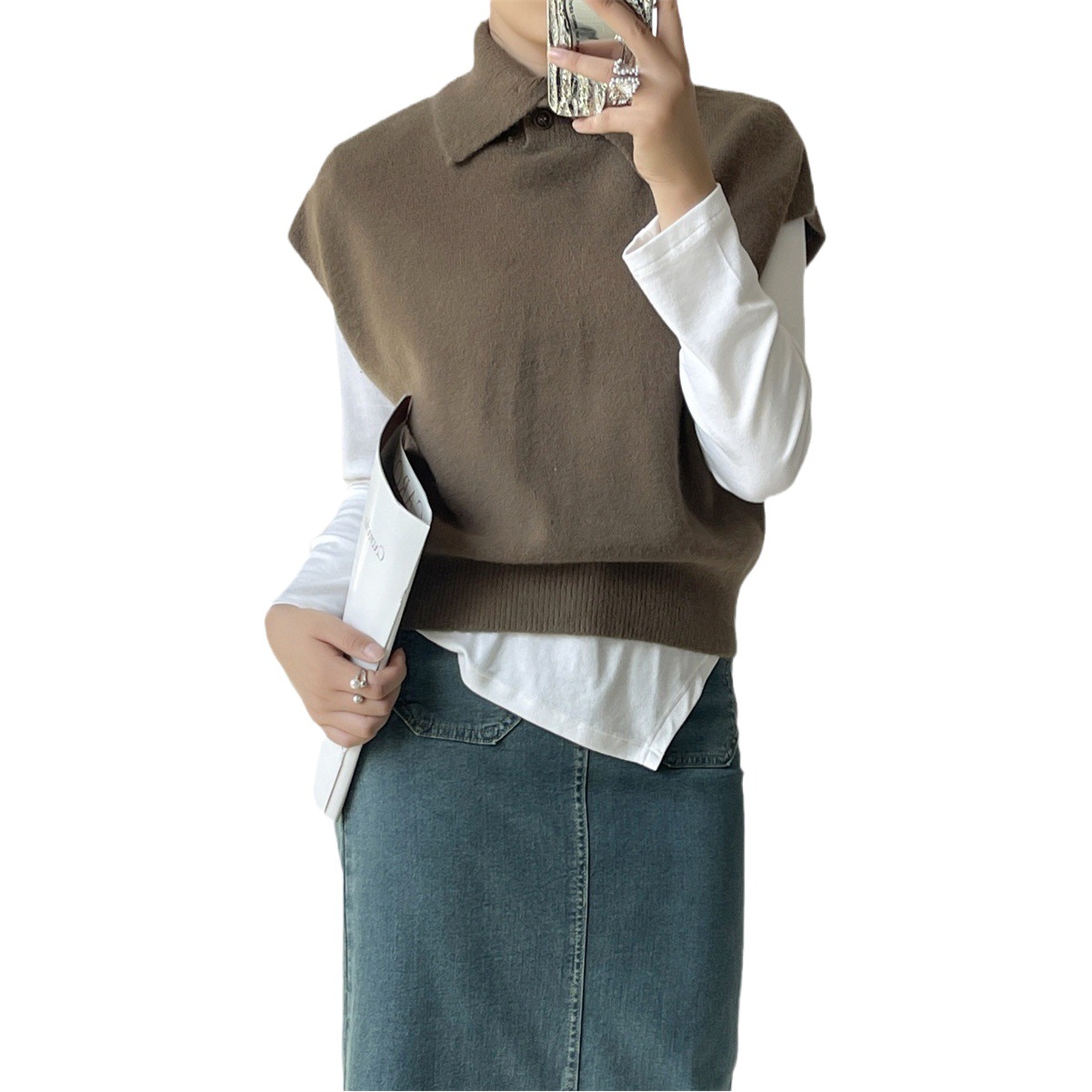 Mengzi chic cuello alto diseño exterior chaleco vintage muestra pullover sin mangas chaleco adelgazante superior X1230 image 1