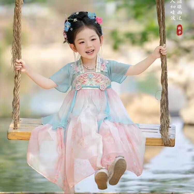 女童汉服襦裙夏季宝宝中国风古装短袖超仙刺绣薄款女童国风连衣裙|undefined