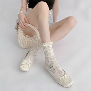 Cute Elegant Bow Lace Socks Women's Spring and Summer Medium Barrel Ballet Style Thin White Lace Short Socks Piled