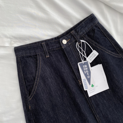 [Premium Original Cowhide] Fade-resistant ~ Navy Blue Back Split Spring/Summer High-waisted Mid-length Denim Retro Skirt