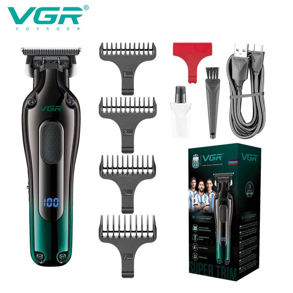 Cortapelos eléctrico VGR998 para hombre, recargable por USB, para uso doméstico, con pantalla digital y función de marcado._voghion.com