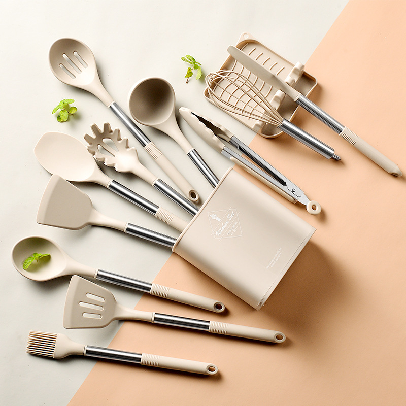 Stainless steel tube handle silicone kitchenware 13-piece set High temperature resistant non-stick cooking kitchen tool set