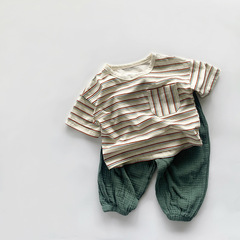 推薦條紋~2024夏新款男女童純棉寬鬆休閒短袖上衣韓版兒童百搭T恤