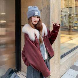 安可拉红大毛领派克服女冬季新款小个子加厚兔毛内胆加绒短款棉服