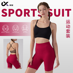 Yoga Vest Fitness Suit Cross Back All-In-One Sports Bra Seamless Threaded Yoga Shorts Three-Quarter Pants