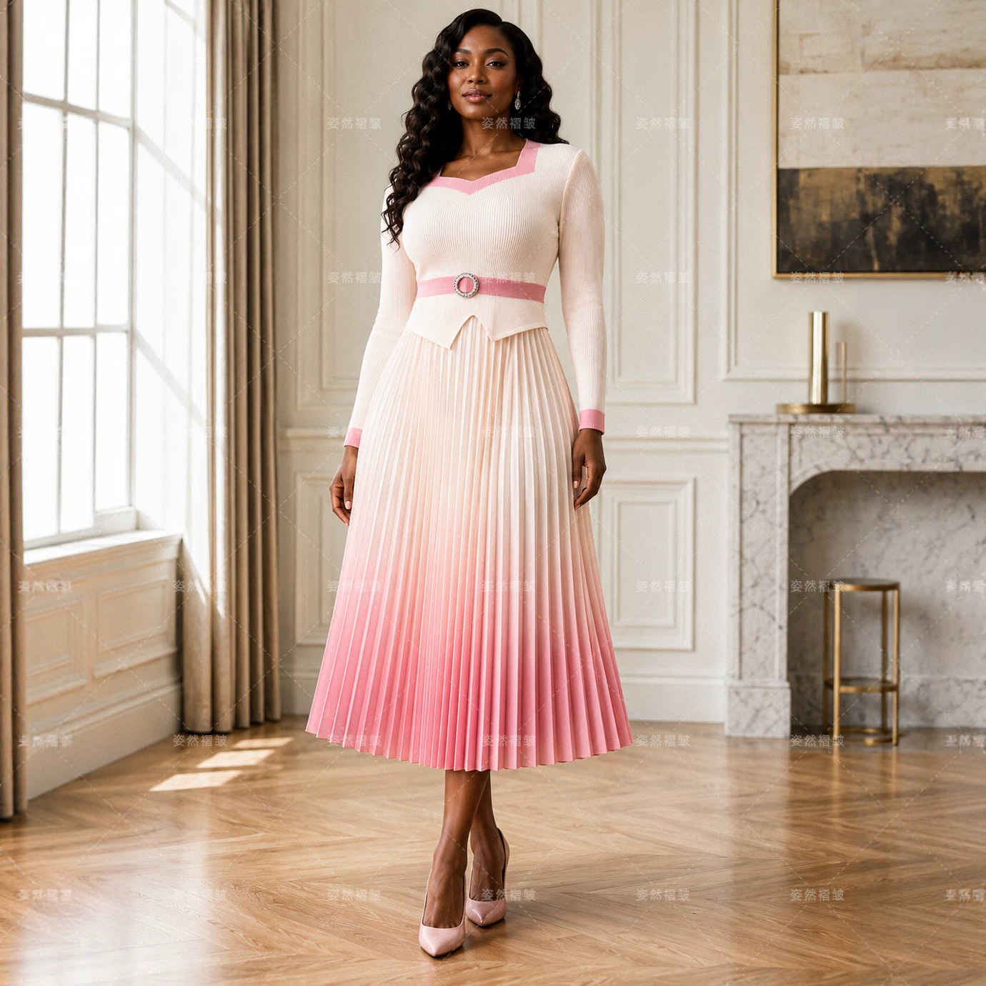 2026 New French Elegance African Plus Size Women's Clothing Faux Two-Piece Miyake Gradient Print Slimming Pleated Dress