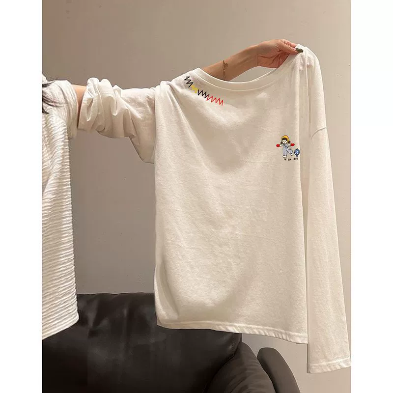 White Pure Cotton Long-Sleeved Base Shirt for Women, 2026 Autumn New Style, Large Round Neck, Lazy Casual Top