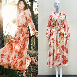 唐嫣同款法式印花连衣裙女2025夏季新款今年流行爆款度假风长裙子