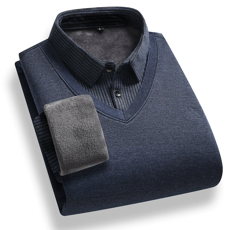 Новый мужской бизнес-досуг среднего и пожилого возраста поддельный свитер из двух частей рубашки воротник мужской вязаный свитер с плюшевым толстым свитером