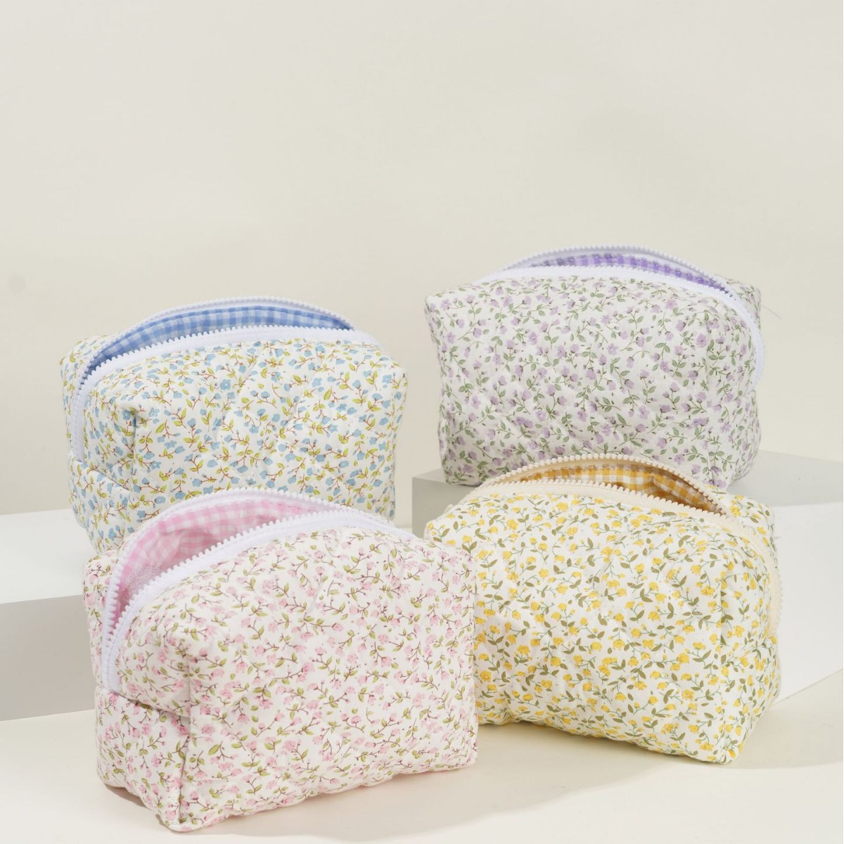 Floral Quilted Cosmetic Bag Large Capacity Cotton Storage Toiletry Bag Pencil Case Plaid Embroidered Cross-Border Ins for Women